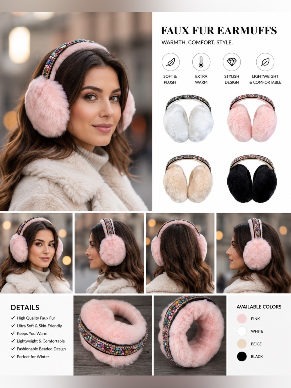 Winter Warm Soft Fuzzy Bejeweled Earmuffs – Pink | Brand New